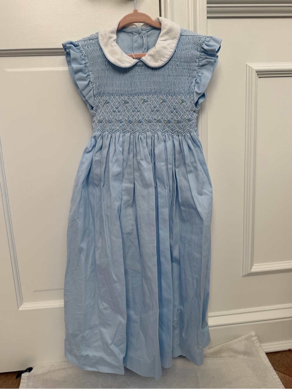 Light Blue Smocked Girl's Dress with White Peter Pan Collar 4/5T